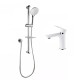 Round Chrome Shower Slider with Sliding Handpiece Holder & Soap Dish With Solid Brass White & Chrome Basin Mixer Tap Combo